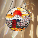 Japanese Pagoda Stained Glass Suncatcher, Red Sun Mount Fuji Window Hanging, Sakura Cherry Blossom Glass Panel, Oriental Zen Decor