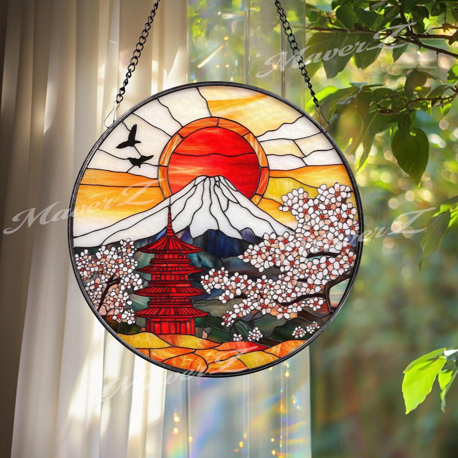 Japanese Pagoda Stained Glass Suncatcher, Red Sun Mount Fuji Window Hanging, Sakura Cherry Blossom Glass Panel, Oriental Zen Decor