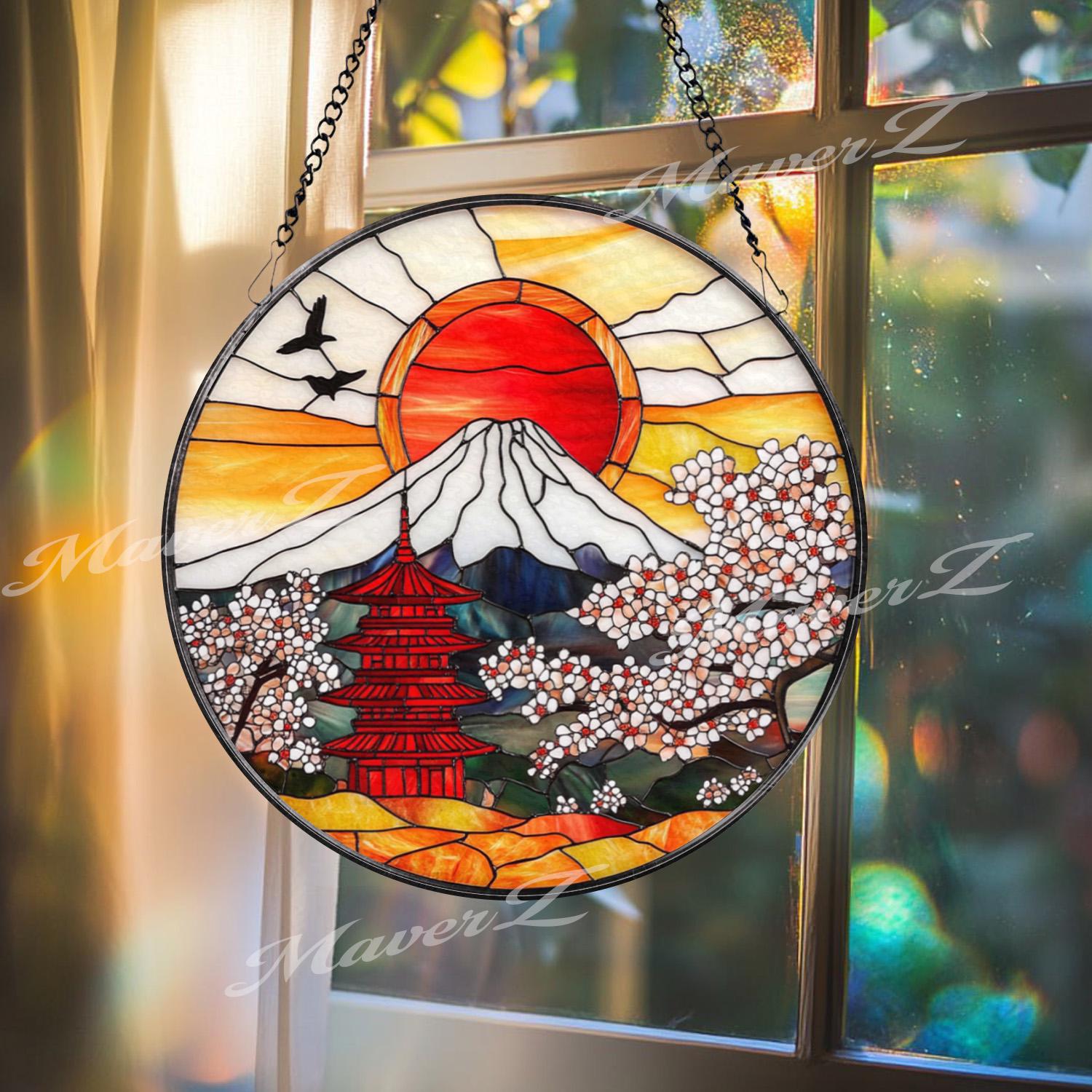 Japanese Pagoda Stained Glass Suncatcher, Red Sun Mount Fuji Window Hanging, Sakura Cherry Blossom Glass Panel, Oriental Zen Decor