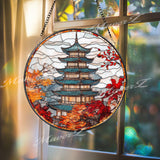 Autumn Japanese Pagoda Stained Glass Suncatcher, Fall Foliage Window Hanging, Temple Glass Art Panel, Oriental Zen Decor Gift