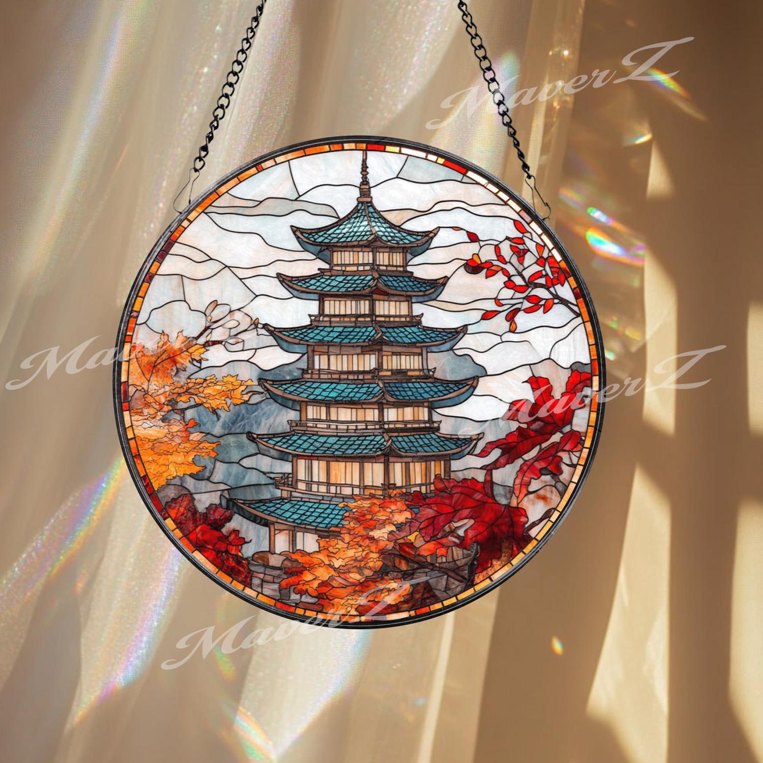 Autumn Japanese Pagoda Stained Glass Suncatcher, Fall Foliage Window Hanging, Temple Glass Art Panel, Oriental Zen Decor Gift