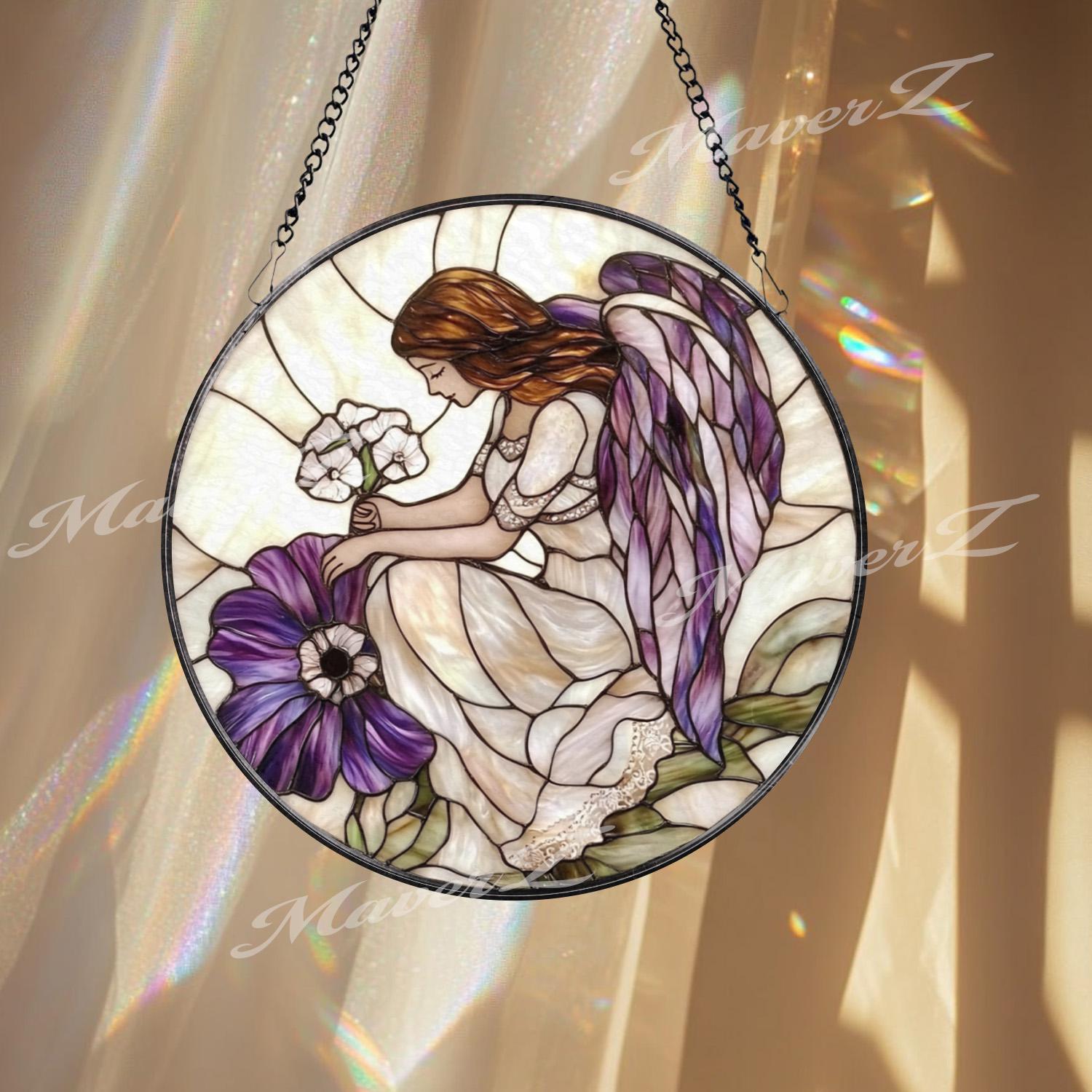 Purple Angel Stained Glass Suncatcher, Guardian Angel Window Hanging, Memorial Glass Panel, Sympathy Gift, Heavenly Home Decor