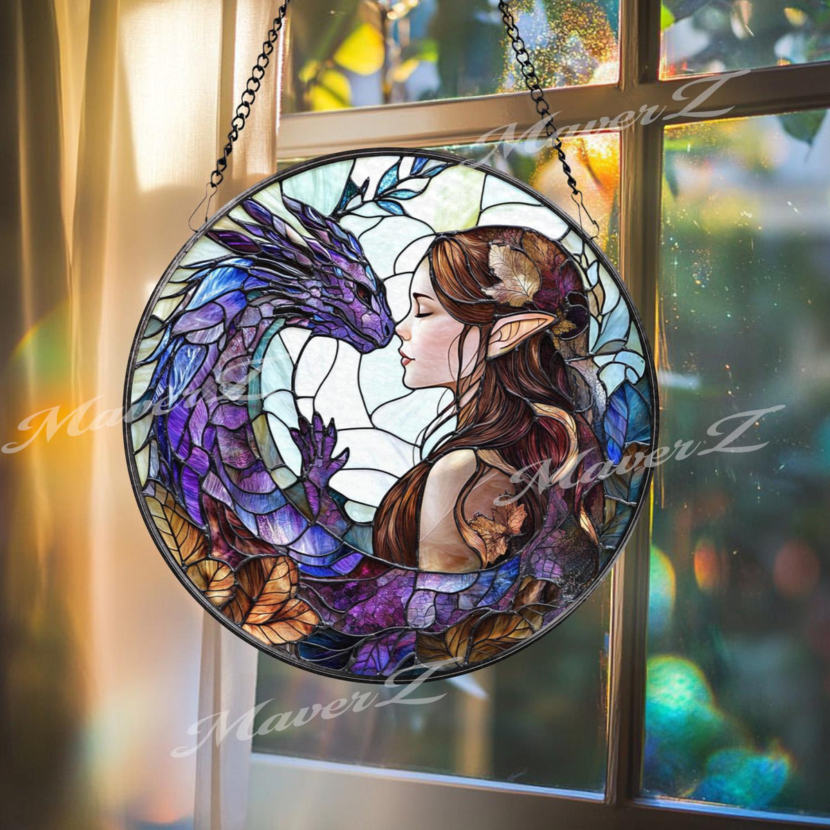 Fantasy Elf and Dragon Stained Glass Suncatcher, Purple Dragon Window Hanging, Elven Lover Gift, Magical Window Art, Mystic Decor