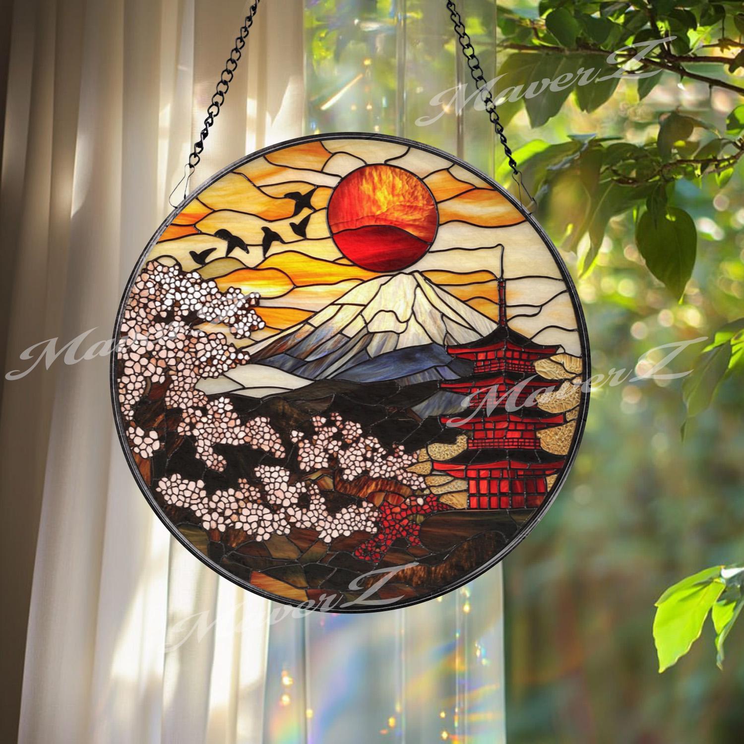 Mount Fuji Stained Glass Suncatcher, Japanese Pagoda & Sakura Window Hanging, Red Sun Panel Decor, Oriental Art Gift