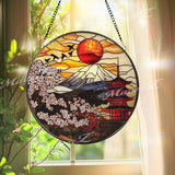 Mount Fuji Stained Glass Suncatcher, Japanese Pagoda & Sakura Window Hanging, Red Sun Panel Decor, Oriental Art Gift