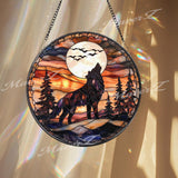 Howling Wolf Stained Glass Suncatcher, Full Moon Forest Window Decor, Wildlife Rustic Cabin Panel, Wolf Lover Gift