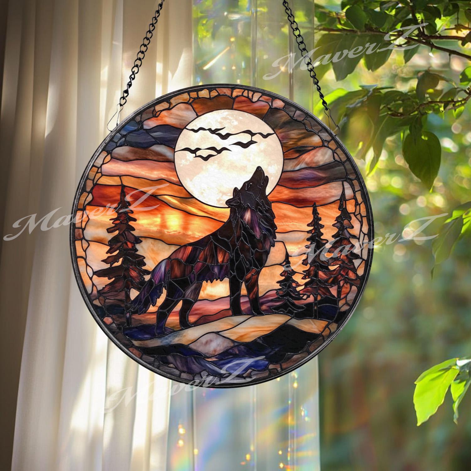 Howling Wolf Stained Glass Suncatcher, Full Moon Forest Window Decor, Wildlife Rustic Cabin Panel, Wolf Lover Gift
