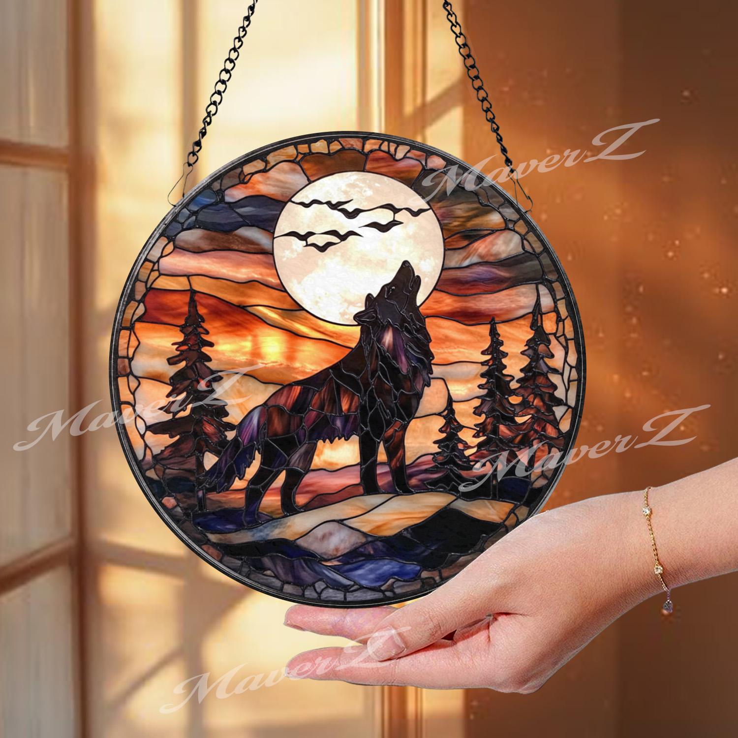 Howling Wolf Stained Glass Suncatcher, Full Moon Forest Window Decor, Wildlife Rustic Cabin Panel, Wolf Lover Gift