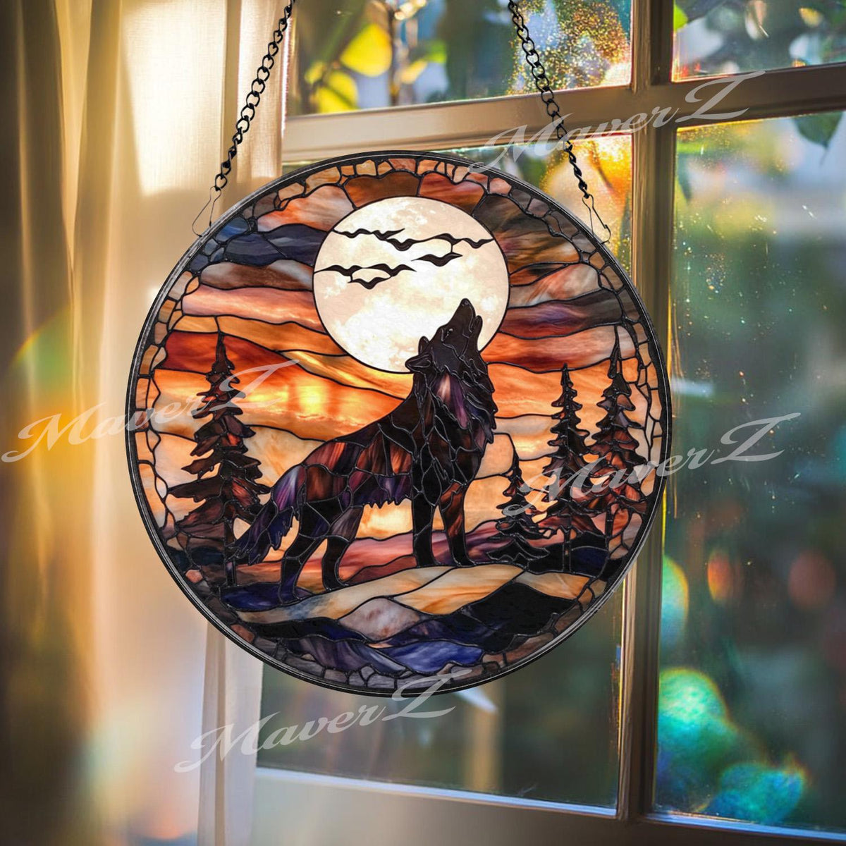 Howling Wolf Stained Glass Suncatcher, Full Moon Forest Window Decor, Wildlife Rustic Cabin Panel, Wolf Lover Gift