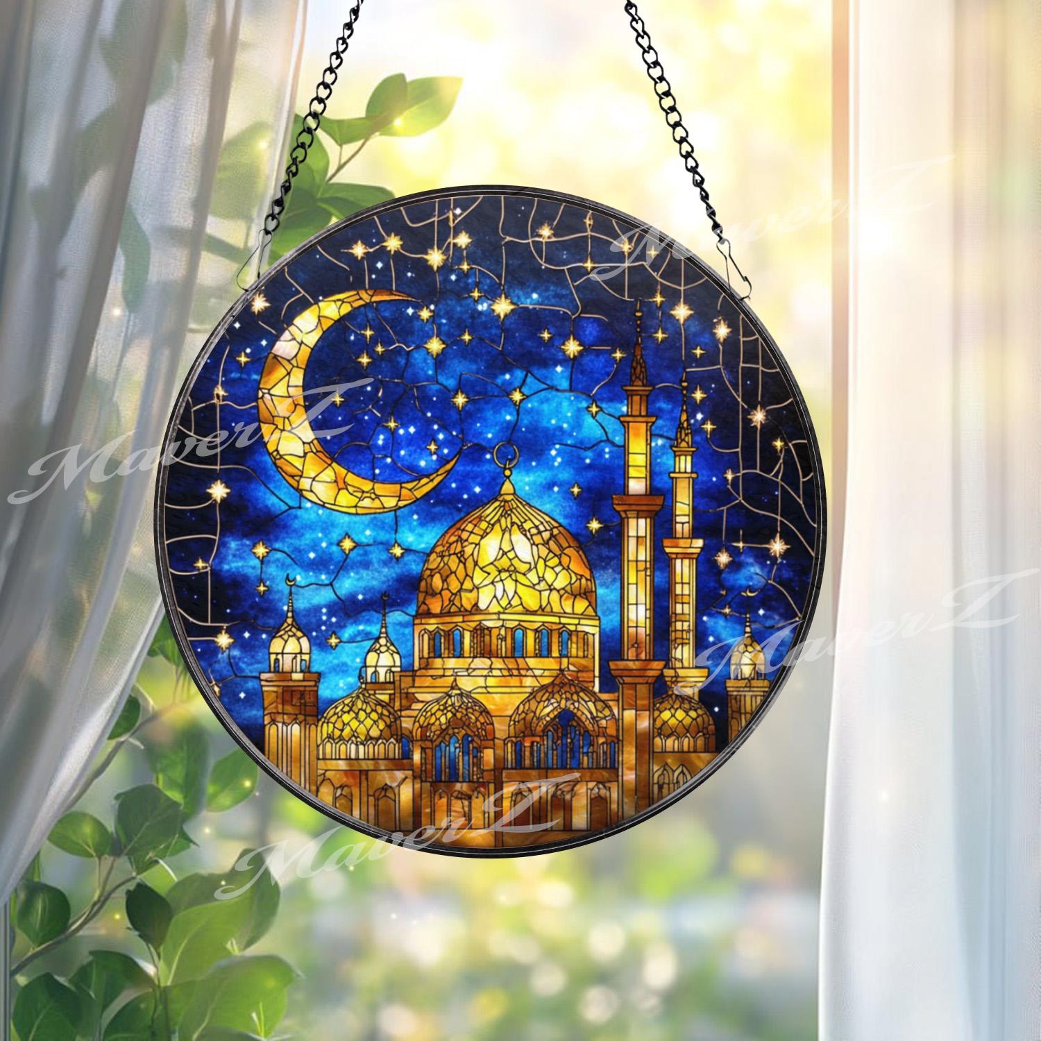 Mosque Stained Glass Suncatcher, Crescent Moon Islamic Decor, Ramadan Eid Window Hanging, Muslim Gift, Mosque Glass Panel