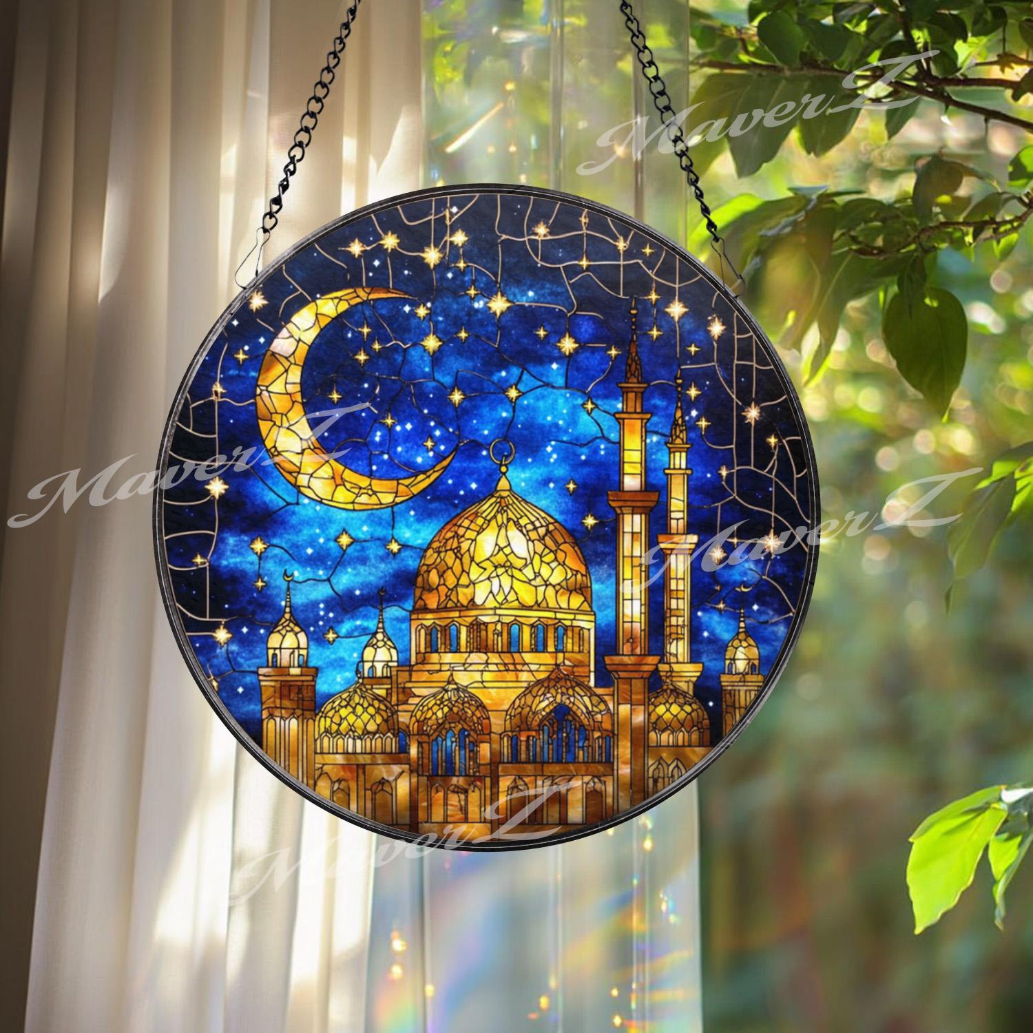 Mosque Stained Glass Suncatcher, Crescent Moon Islamic Decor, Ramadan Eid Window Hanging, Muslim Gift, Mosque Glass Panel