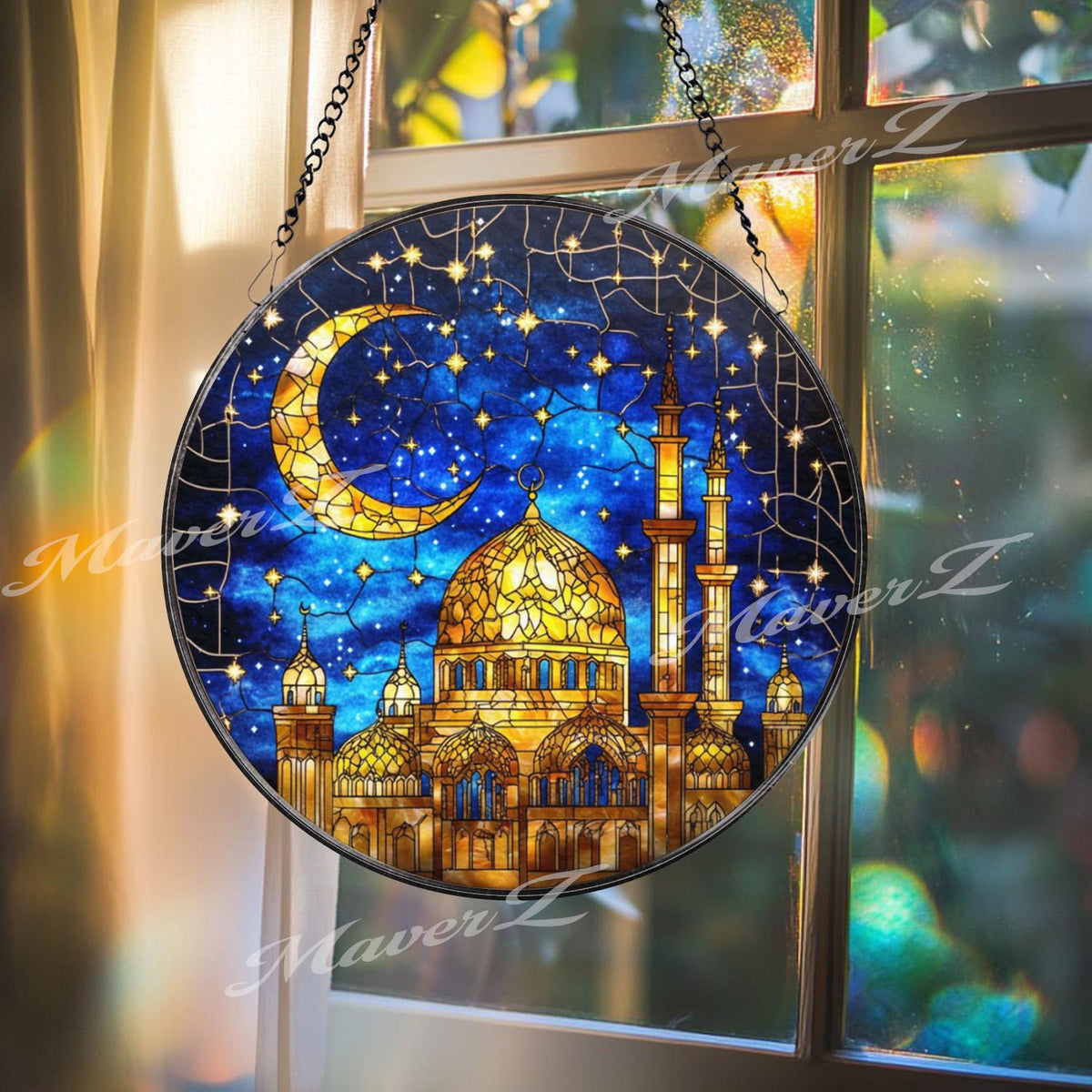 Mosque Stained Glass Suncatcher, Crescent Moon Islamic Decor, Ramadan Eid Window Hanging, Muslim Gift, Mosque Glass Panel