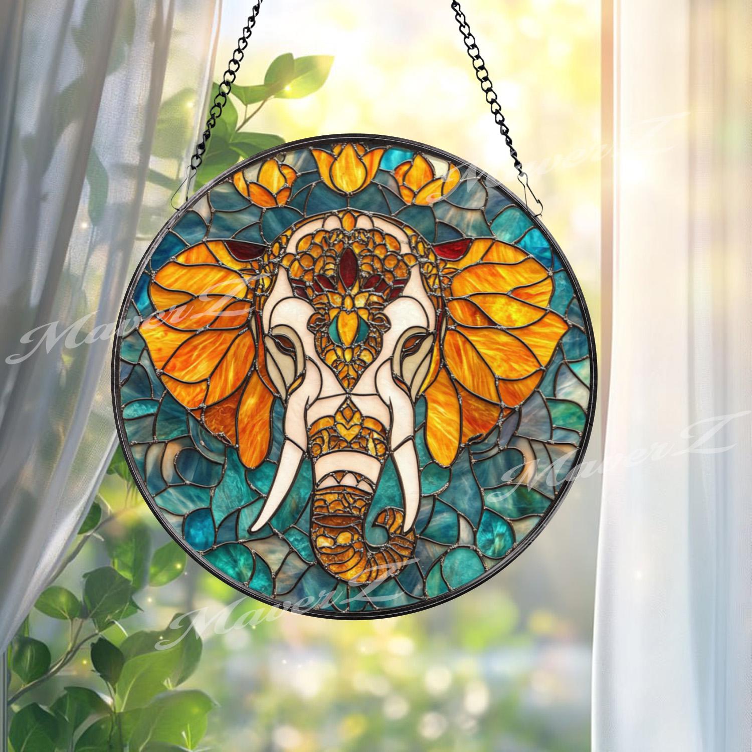 Elephant Stained Glass Suncatcher, Mandala Elephant Decor, Boho Jungle Animal Glass Art, Safari Window Hanging, Gift for Elephant Lovers