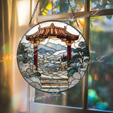 Torii Gate Stained Glass Suncatcher, Japanese Zen Garden Window Art, Mountain River Landscape Panel, Peaceful Nature Home Decor