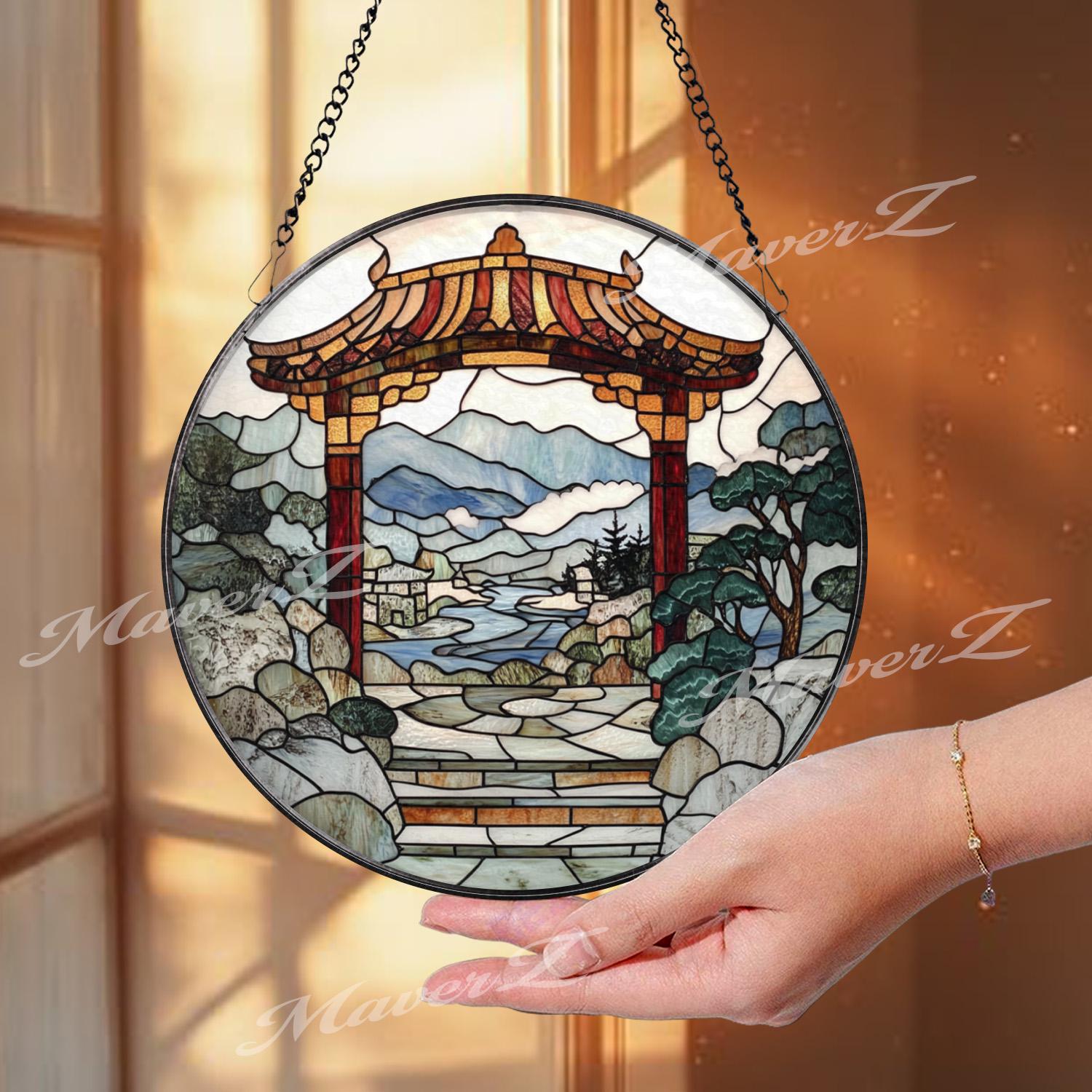 Torii Gate Stained Glass Suncatcher, Japanese Zen Garden Window Art, Mountain River Landscape Panel, Peaceful Nature Home Decor