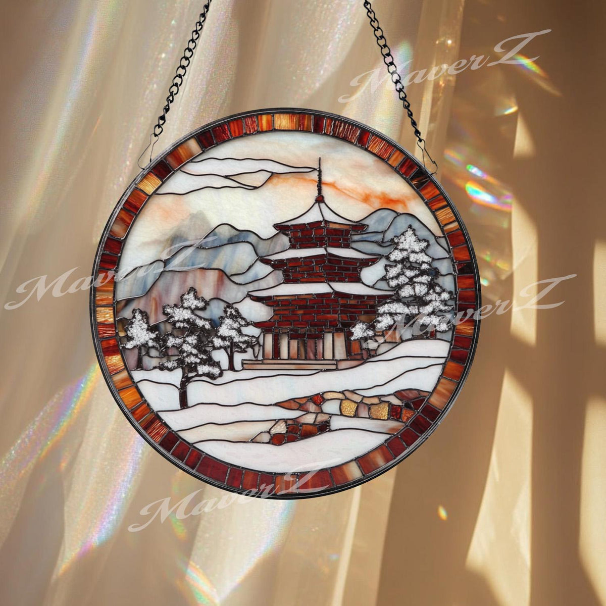 Japanese Pagoda Winter Stained Glass Suncatcher, Snowy Temple Window Hanging Art, Round Japan Landscape Glass Panel, Zen Decor Gift