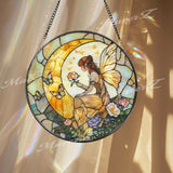 Fairy Moon Stained Glass Suncatcher, Fantasy Fairy Window Hanging Art, Crescent Moon Butterfly Glass Panel, Whimsical Garden Gift Idea