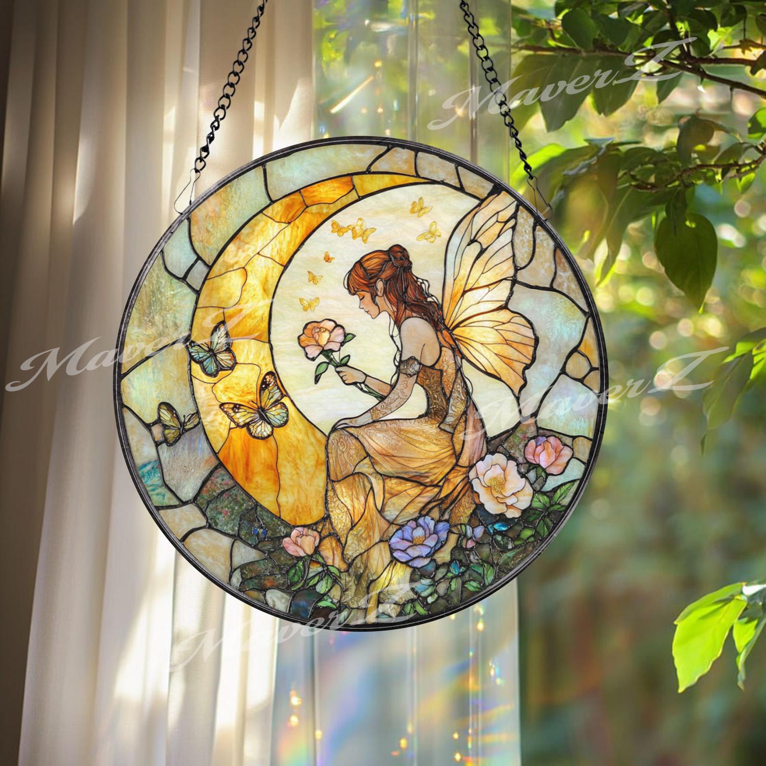 Fairy Moon Stained Glass Suncatcher, Fantasy Fairy Window Hanging Art, Crescent Moon Butterfly Glass Panel, Whimsical Garden Gift Idea