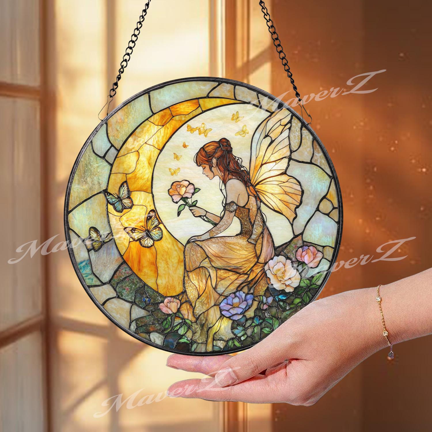 Fairy Moon Stained Glass Suncatcher, Fantasy Fairy Window Hanging Art, Crescent Moon Butterfly Glass Panel, Whimsical Garden Gift Idea
