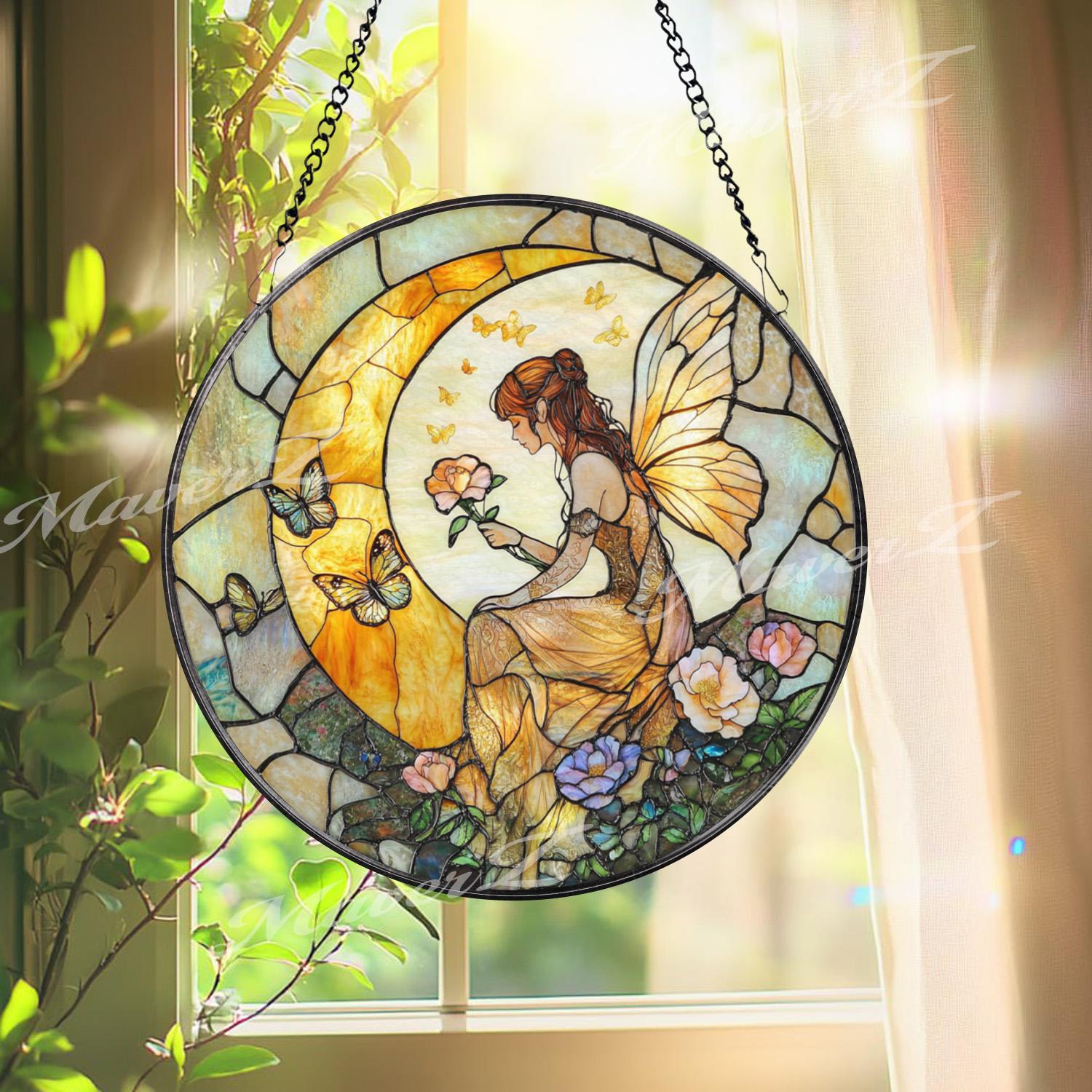 Fairy Moon Stained Glass Suncatcher, Fantasy Fairy Window Hanging Art, Crescent Moon Butterfly Glass Panel, Whimsical Garden Gift Idea
