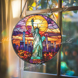 Statue of Liberty Stained Glass Suncatcher, NYC Skyline Window Hanging Art, Sunset Liberty Panel, American Landmark Gift for Patriots