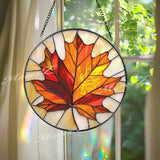 Maple Leaf Stained Glass Suncatcher, Autumn Fall Window Hanging Decor, Round Glass Leaf Panel, Canadian Nature Gift for Cozy Homes