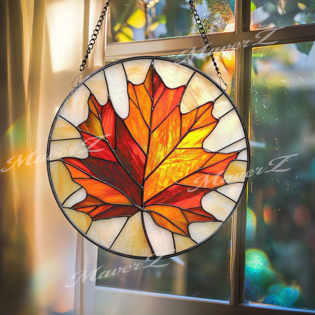 Maple Leaf Stained Glass Suncatcher, Autumn Fall Window Hanging Decor, Round Glass Leaf Panel, Canadian Nature Gift for Cozy Homes