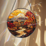 Mount Fuji Autumn Stained Glass Suncatcher, Japanese Fall Landscape Window Hanging, Round Nature Scene Panel, Zen Travel Gift Idea