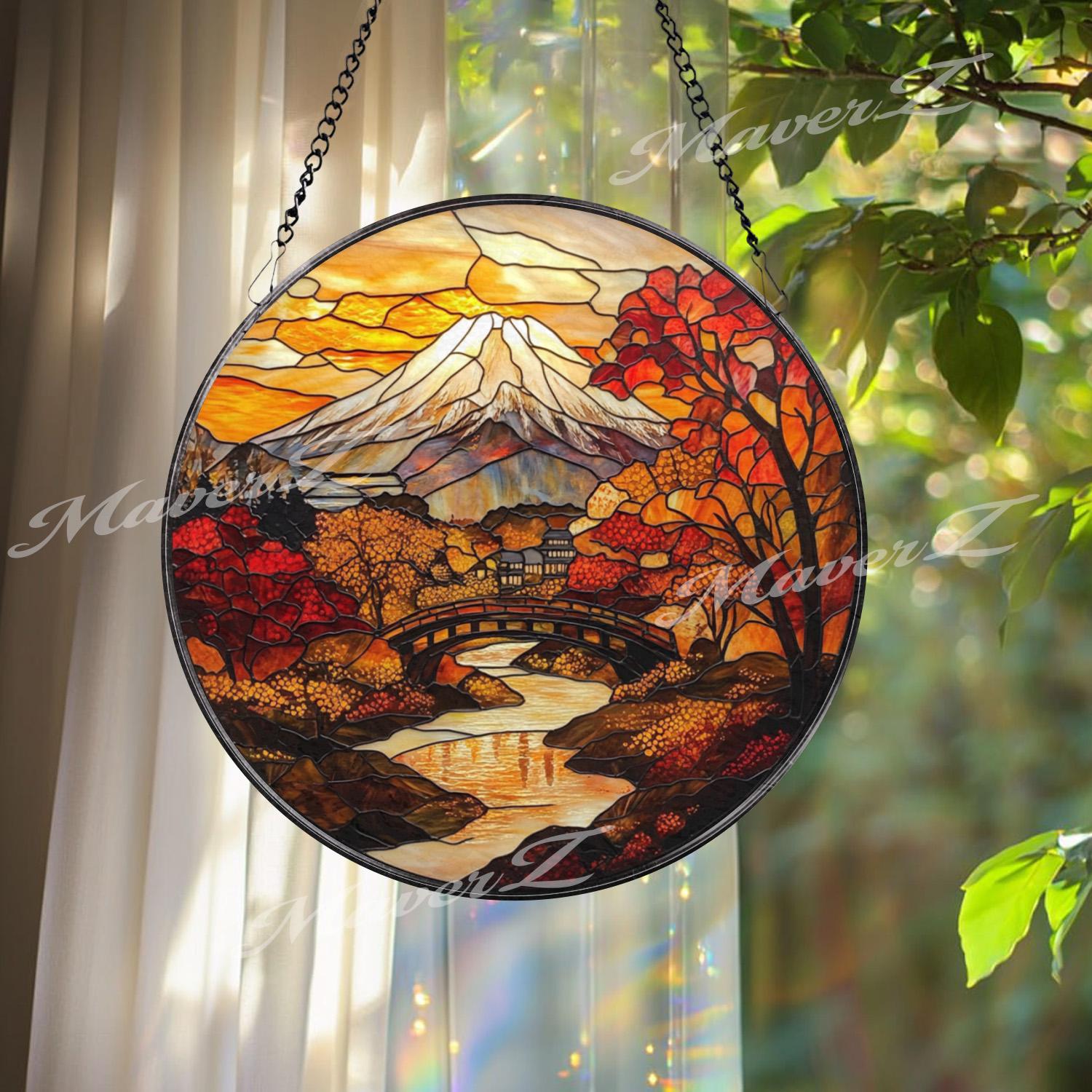 Mount Fuji Autumn Stained Glass Suncatcher, Japanese Fall Landscape Window Hanging, Round Nature Scene Panel, Zen Travel Gift Idea