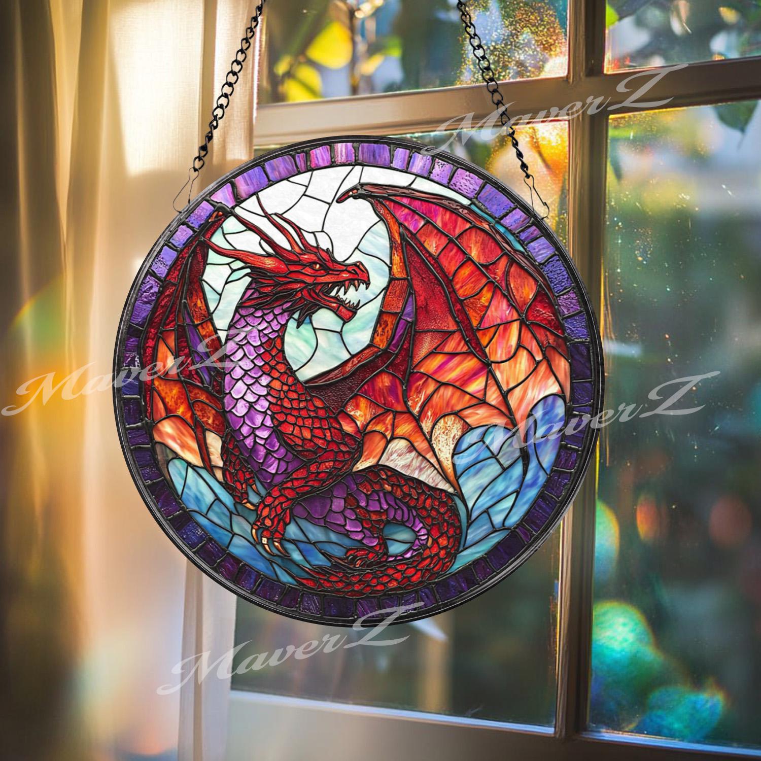 Red Dragon Stained Glass Suncatcher, Fantasy Dragon Window Hanging, Purple Winged Dragon Art Panel, Gothic Mythical Creature Gift Decor