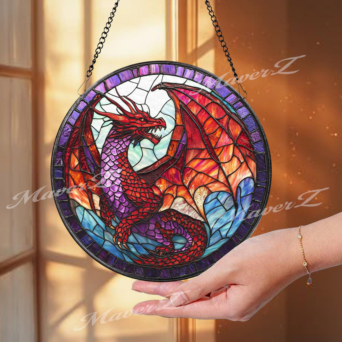 Red Dragon Stained Glass Suncatcher, Fantasy Dragon Window Hanging, Purple Winged Dragon Art Panel, Gothic Mythical Creature Gift Decor