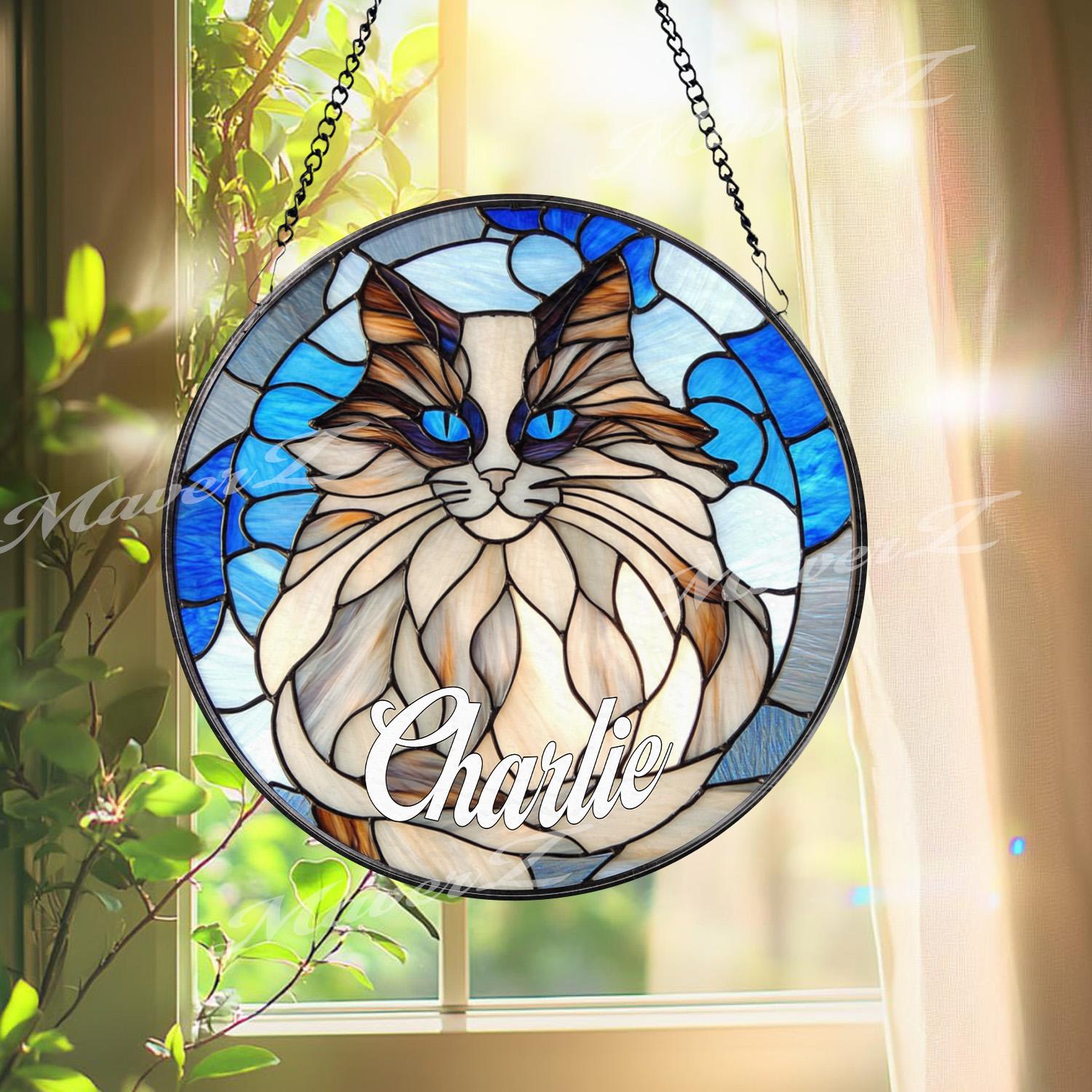 Custom Cat Name Stained Glass Suncatcher, Longhair Blue-Eyed Cat Window Panel, Personalized Pet Memorial Gift, Kitty Lover Home Decor