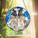 Custom Cat Name Stained Glass Suncatcher, Longhair Blue-Eyed Cat Window Panel, Personalized Pet Memorial Gift, Kitty Lover Home Decor