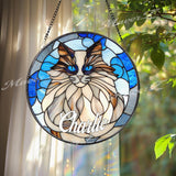 Custom Cat Name Stained Glass Suncatcher, Longhair Blue-Eyed Cat Window Panel, Personalized Pet Memorial Gift, Kitty Lover Home Decor