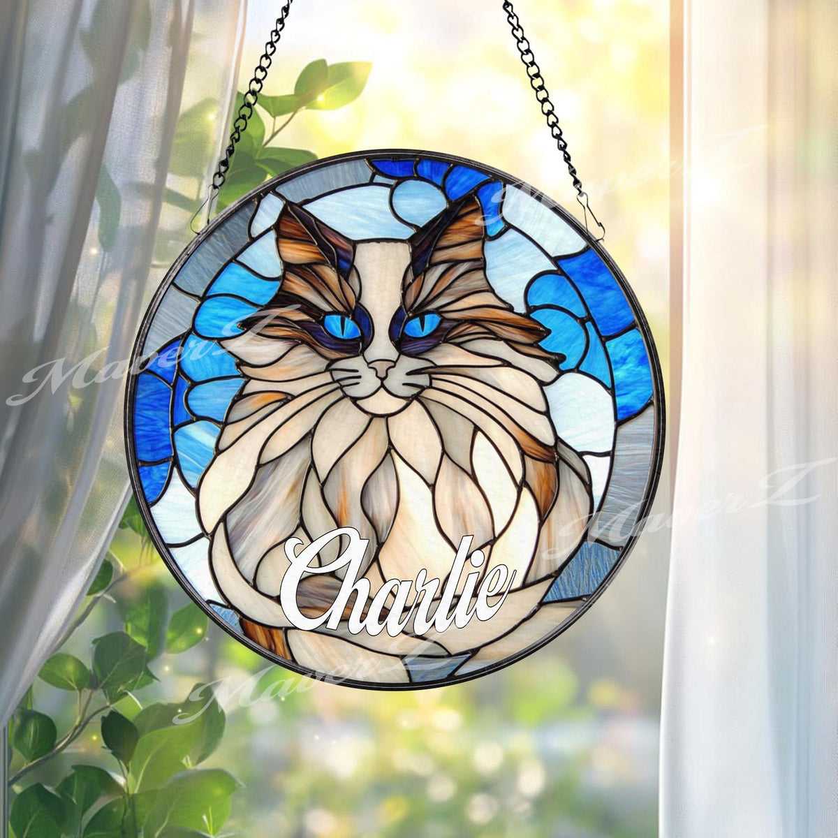 Custom Cat Name Stained Glass Suncatcher, Longhair Blue-Eyed Cat Window Panel, Personalized Pet Memorial Gift, Kitty Lover Home Decor