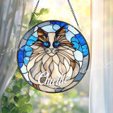 Custom Cat Name Stained Glass Suncatcher, Longhair Blue-Eyed Cat Window Panel, Personalized Pet Memorial Gift, Kitty Lover Home Decor