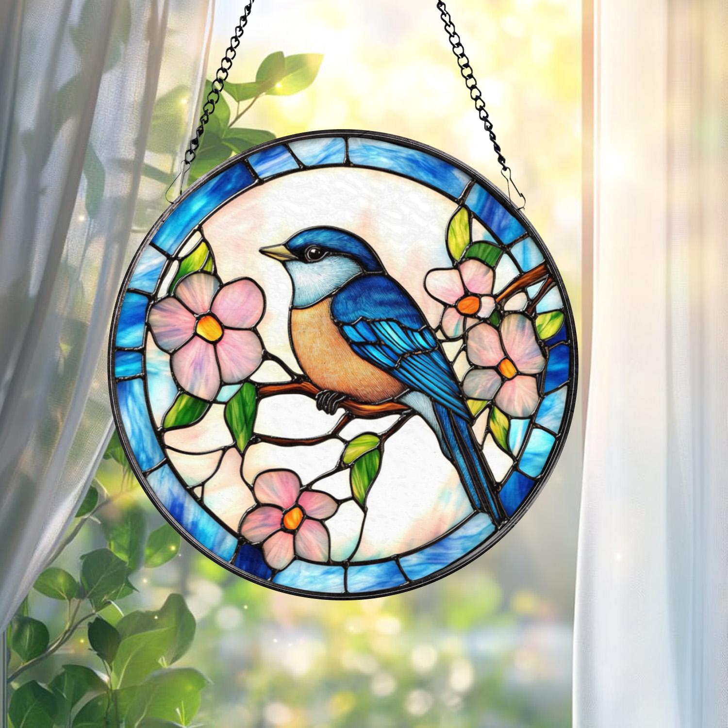 Bluebird Stained Glass Suncatcher, Bird Window Hanging Decor, Nature-Inspired Gift, Bluebird House Accent, Garden or Home Wall Art