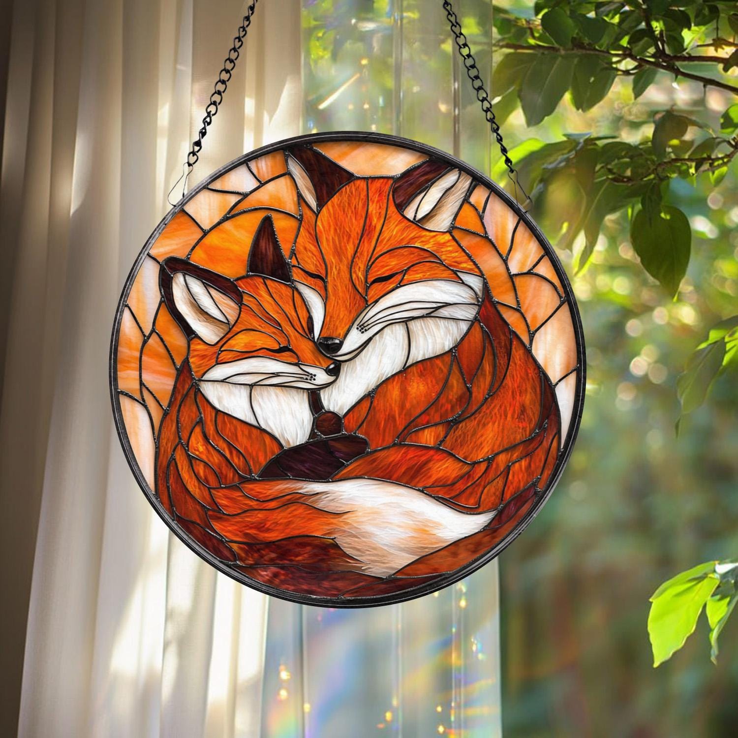 Custom Fox Family Stained Glass Suncatcher, Personalized Mother’s Day Gift, Animal Family Window Art, Nature Decor, Gift for Mom