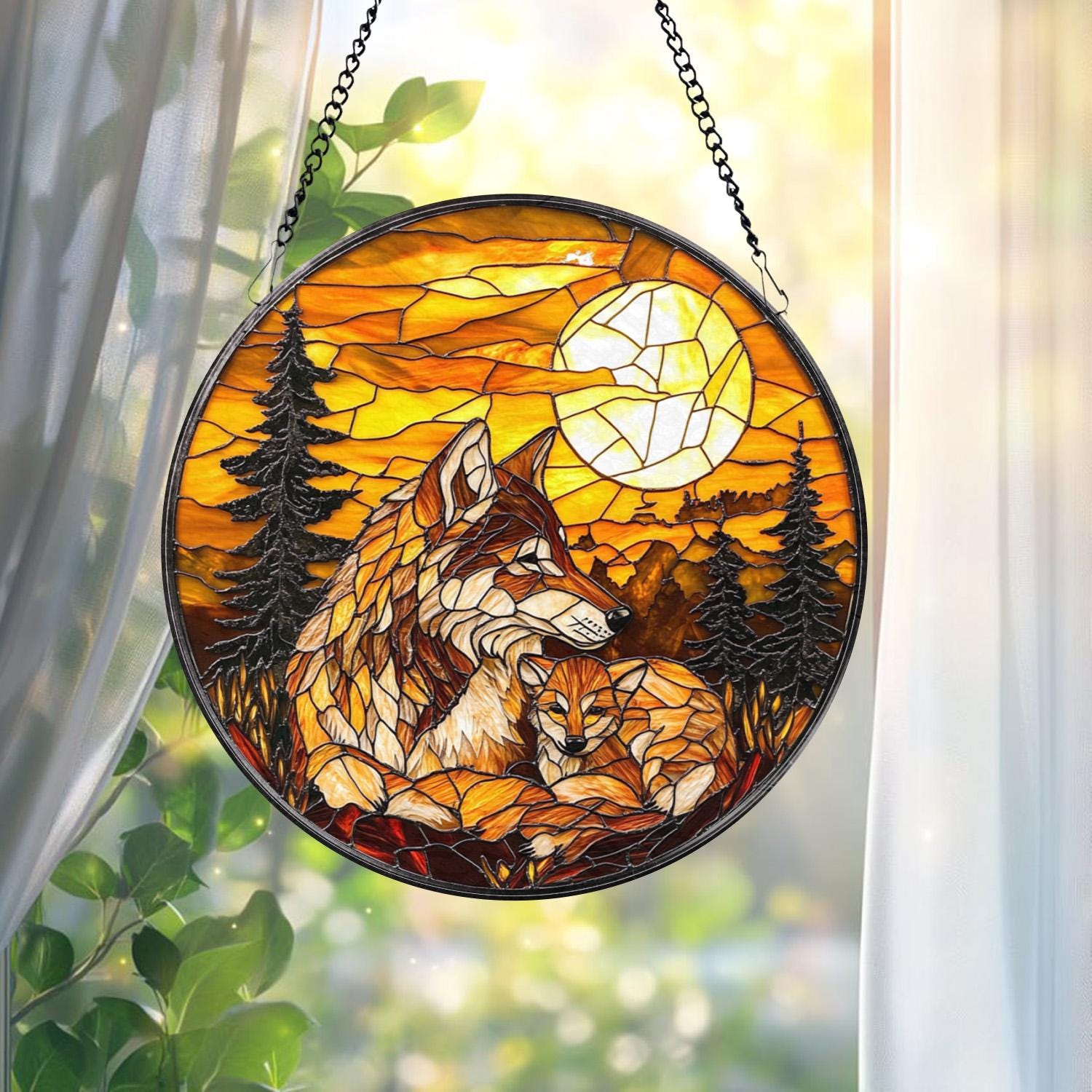 Wolf and Cub Moon Stained Glass Suncatcher, Forest Animal Window Hanging, Wildlife Decor, Nature Lover Gift, Spirit Animal Wall Art