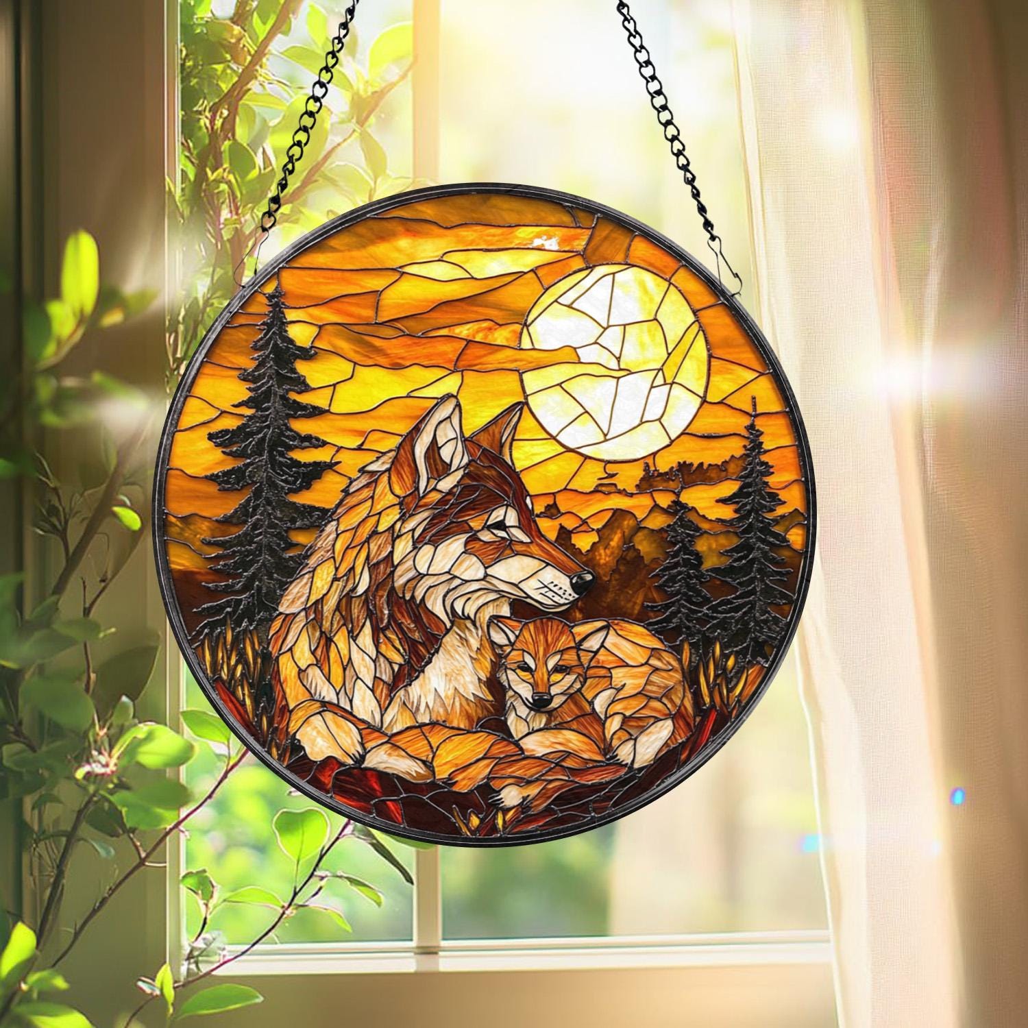 Wolf and Cub Moon Stained Glass Suncatcher, Forest Animal Window Hanging, Wildlife Decor, Nature Lover Gift, Spirit Animal Wall Art