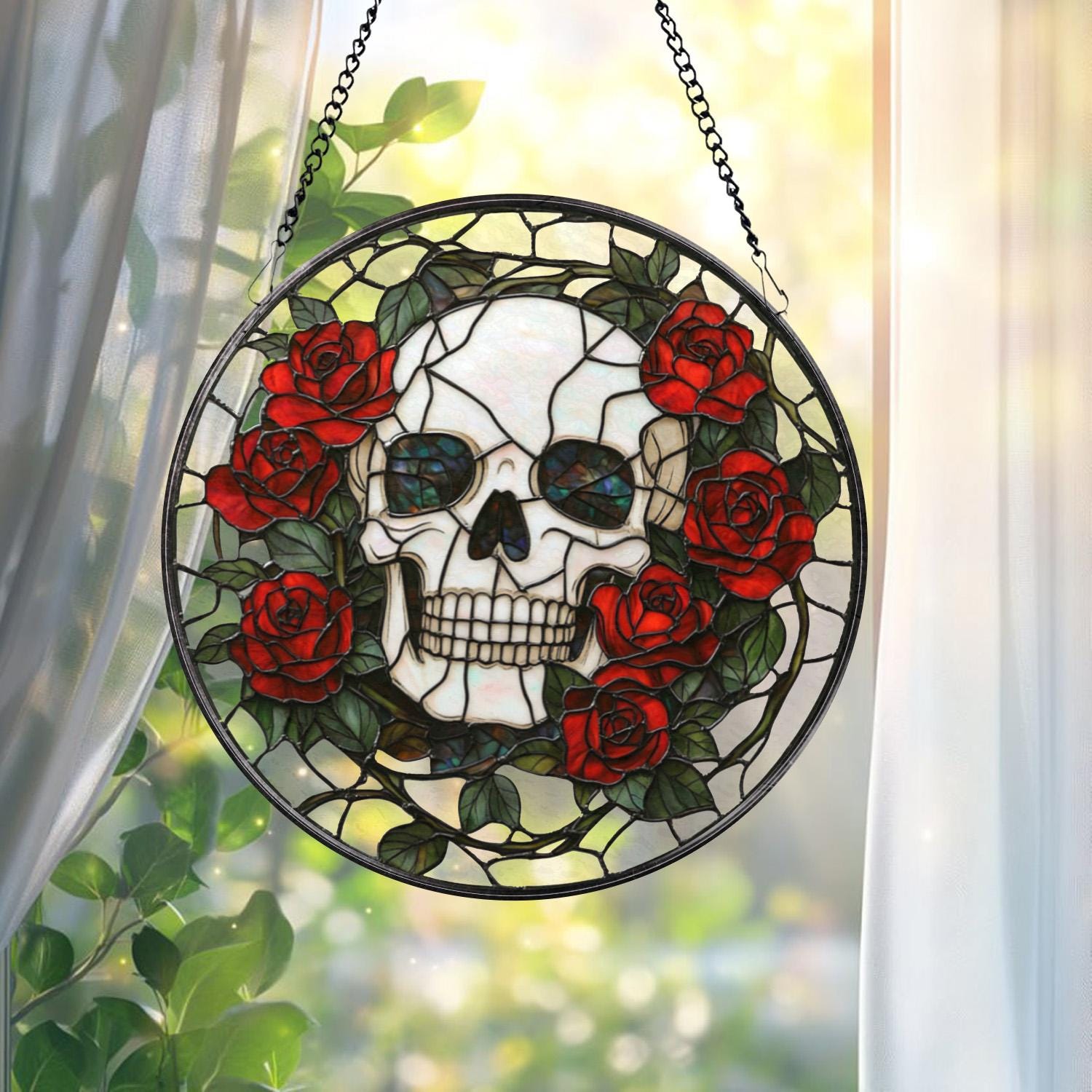 Skull and Rose Gothic Stained Glass Suncatcher, Halloween Window Hanging, Spooky Floral Art, Gothic Gift, Dark Aesthetic Home Decor