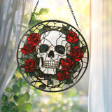 Skull and Rose Gothic Stained Glass Suncatcher, Halloween Window Hanging, Spooky Floral Art, Gothic Gift, Dark Aesthetic Home Decor