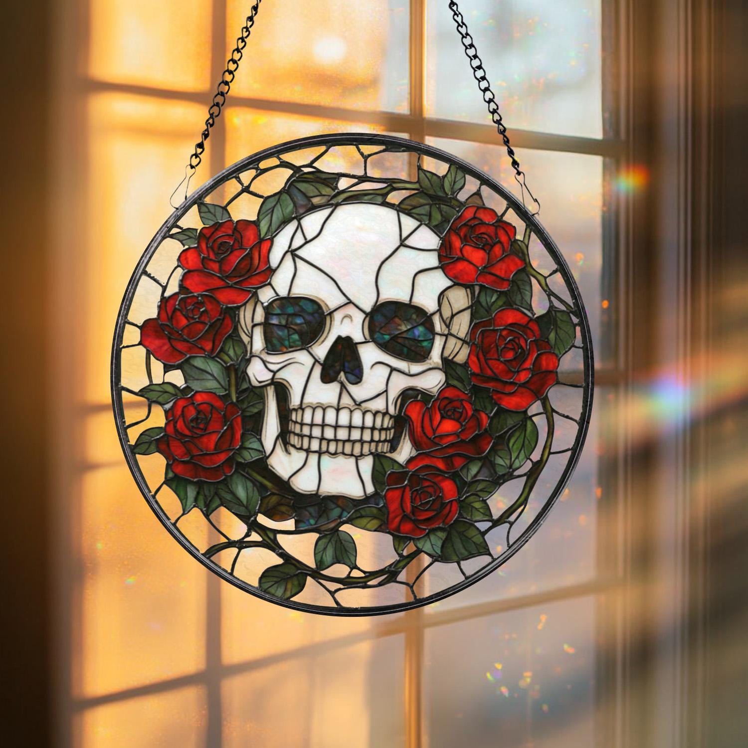 Skull and Rose Gothic Stained Glass Suncatcher, Halloween Window Hanging, Spooky Floral Art, Gothic Gift, Dark Aesthetic Home Decor