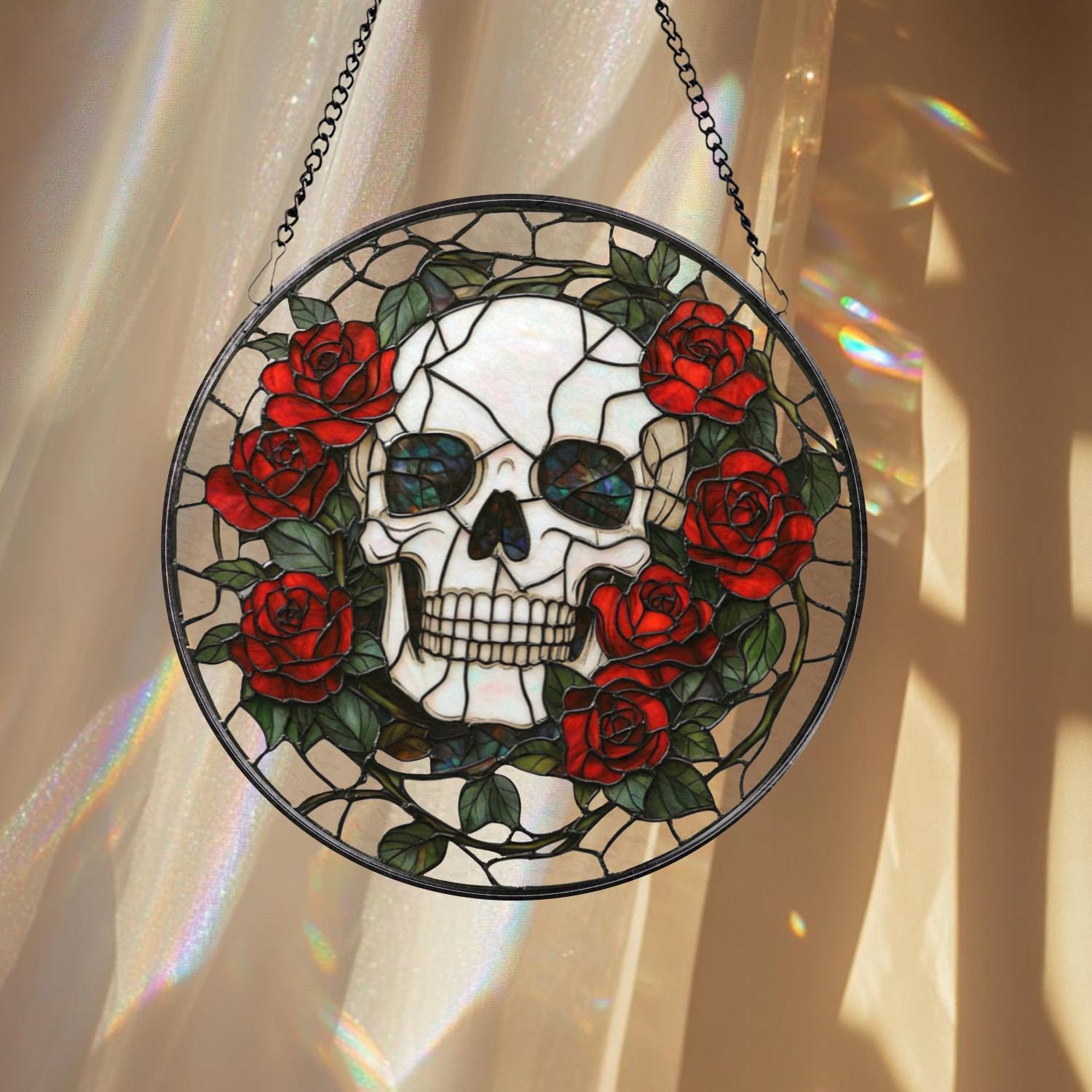 Skull and Rose Gothic Stained Glass Suncatcher, Halloween Window Hanging, Spooky Floral Art, Gothic Gift, Dark Aesthetic Home Decor