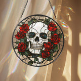 Skull and Rose Gothic Stained Glass Suncatcher, Halloween Window Hanging, Spooky Floral Art, Gothic Gift, Dark Aesthetic Home Decor