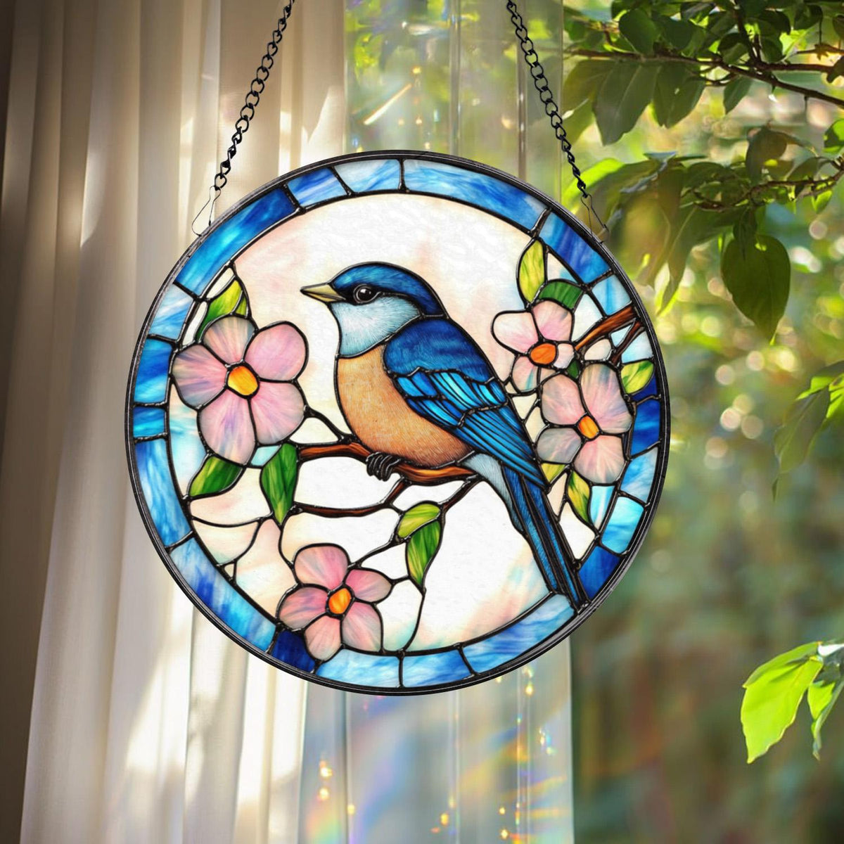 Bluebird Stained Glass Suncatcher, Bird Window Hanging Decor, Nature-Inspired Gift, Bluebird House Accent, Garden or Home Wall Art