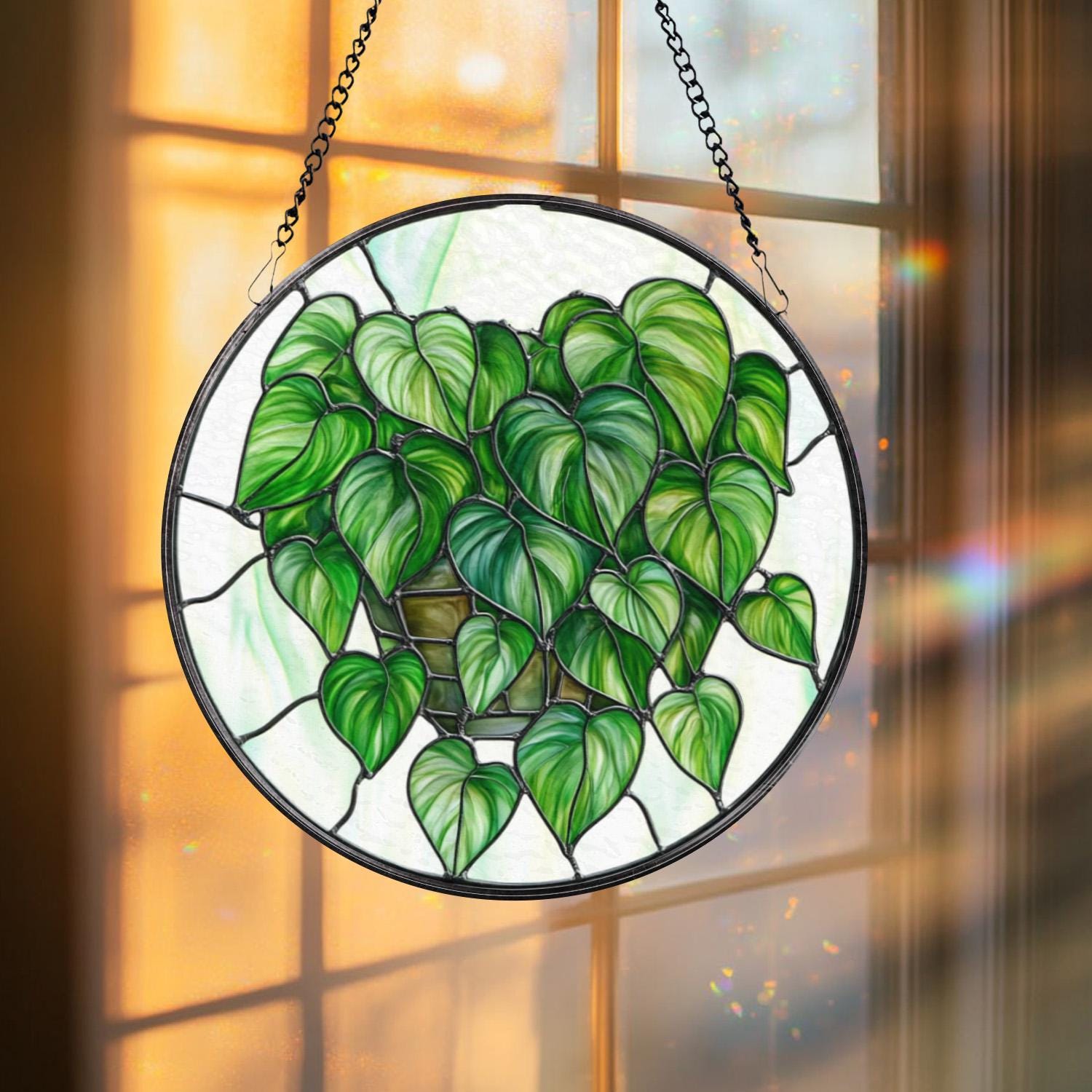 Monstera Leaf Glass Suncatcher, Botanical Window Hanging, Faux Stained Glass Plant Decor, Gift for Plant Lovers, Indoor Garden Accent
