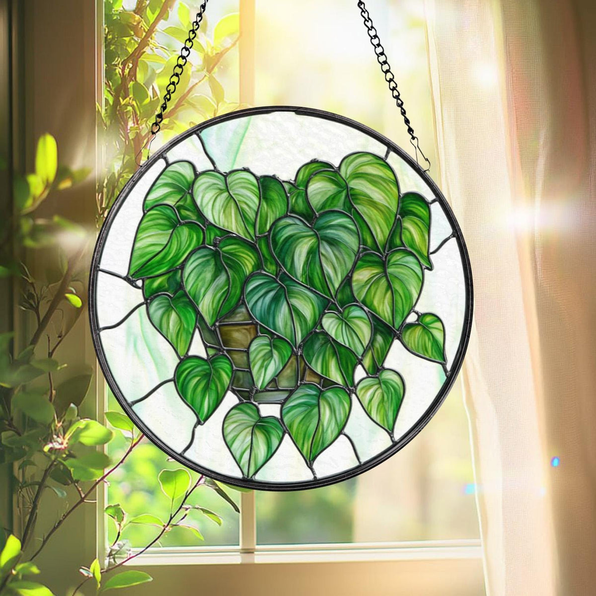 Monstera Leaf Glass Suncatcher, Botanical Window Hanging, Faux Stained Glass Plant Decor, Gift for Plant Lovers, Indoor Garden Accent