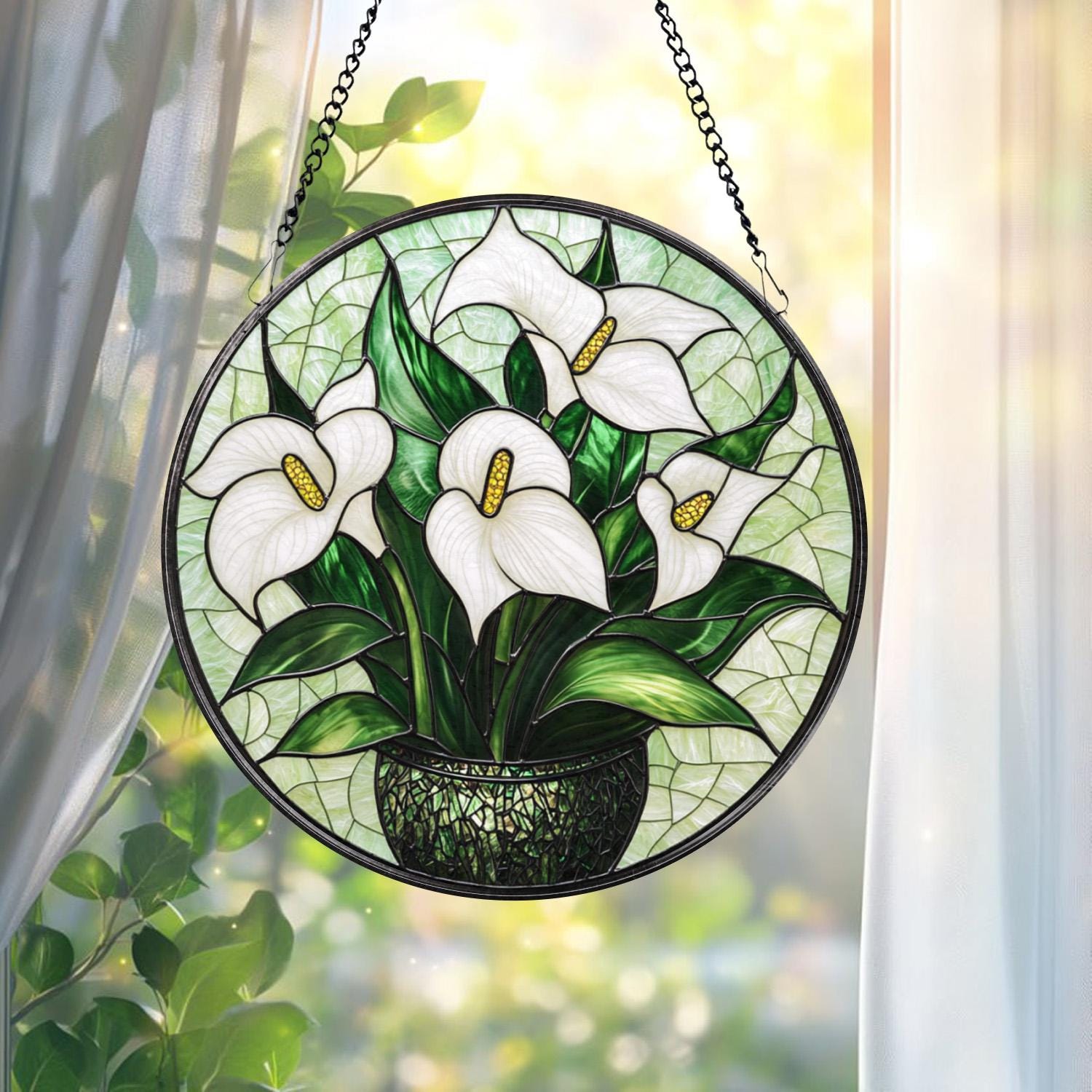 White Lily Flower Glass Suncatcher, Elegant Floral Window Hanging, Gift for Mom, Garden Lover Gift, Nature-Inspired Lily Decor, Sunroom Art