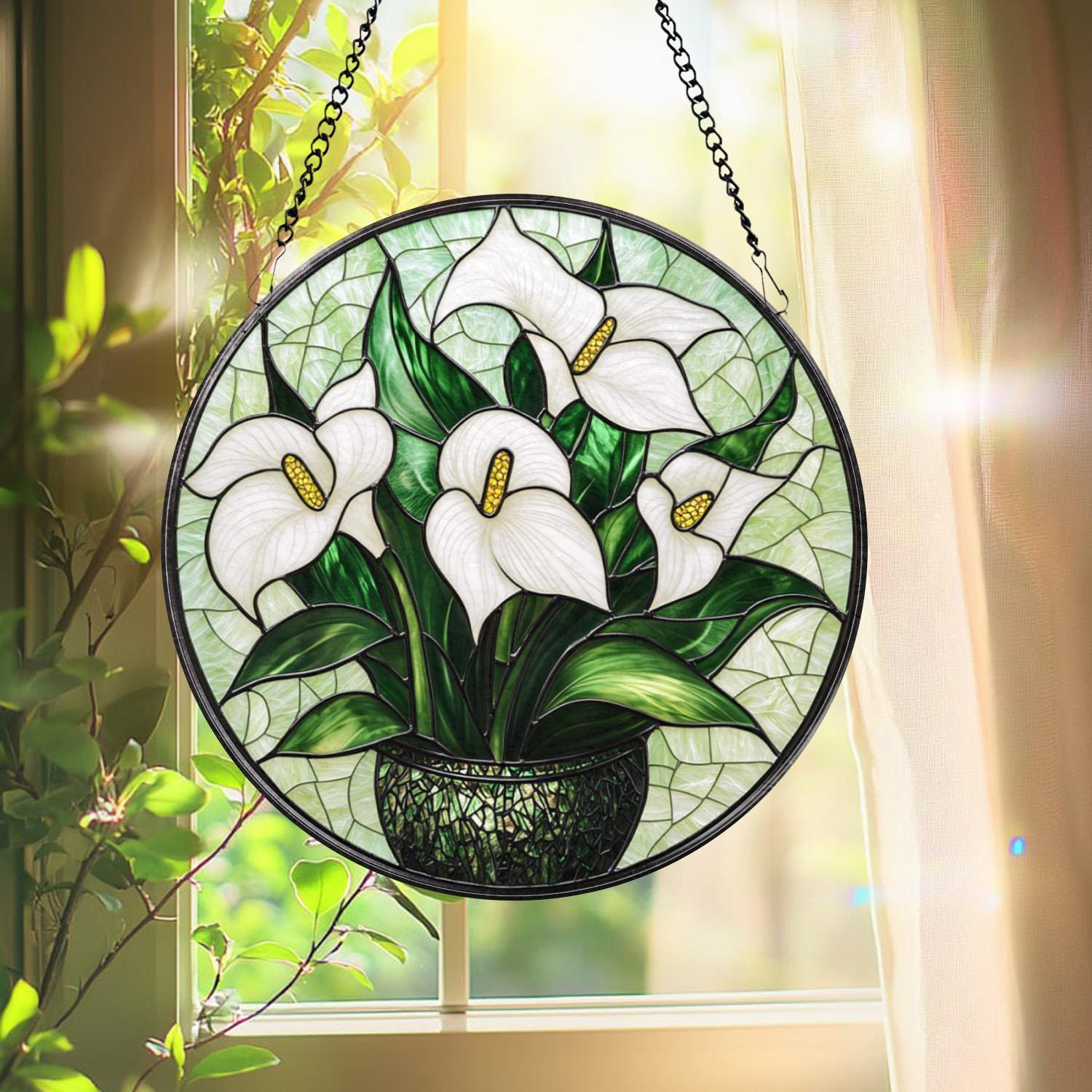 White Lily Flower Glass Suncatcher, Elegant Floral Window Hanging, Gift for Mom, Garden Lover Gift, Nature-Inspired Lily Decor, Sunroom Art